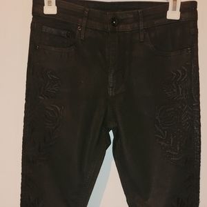 Black metallic jeans with leaf embroidery design